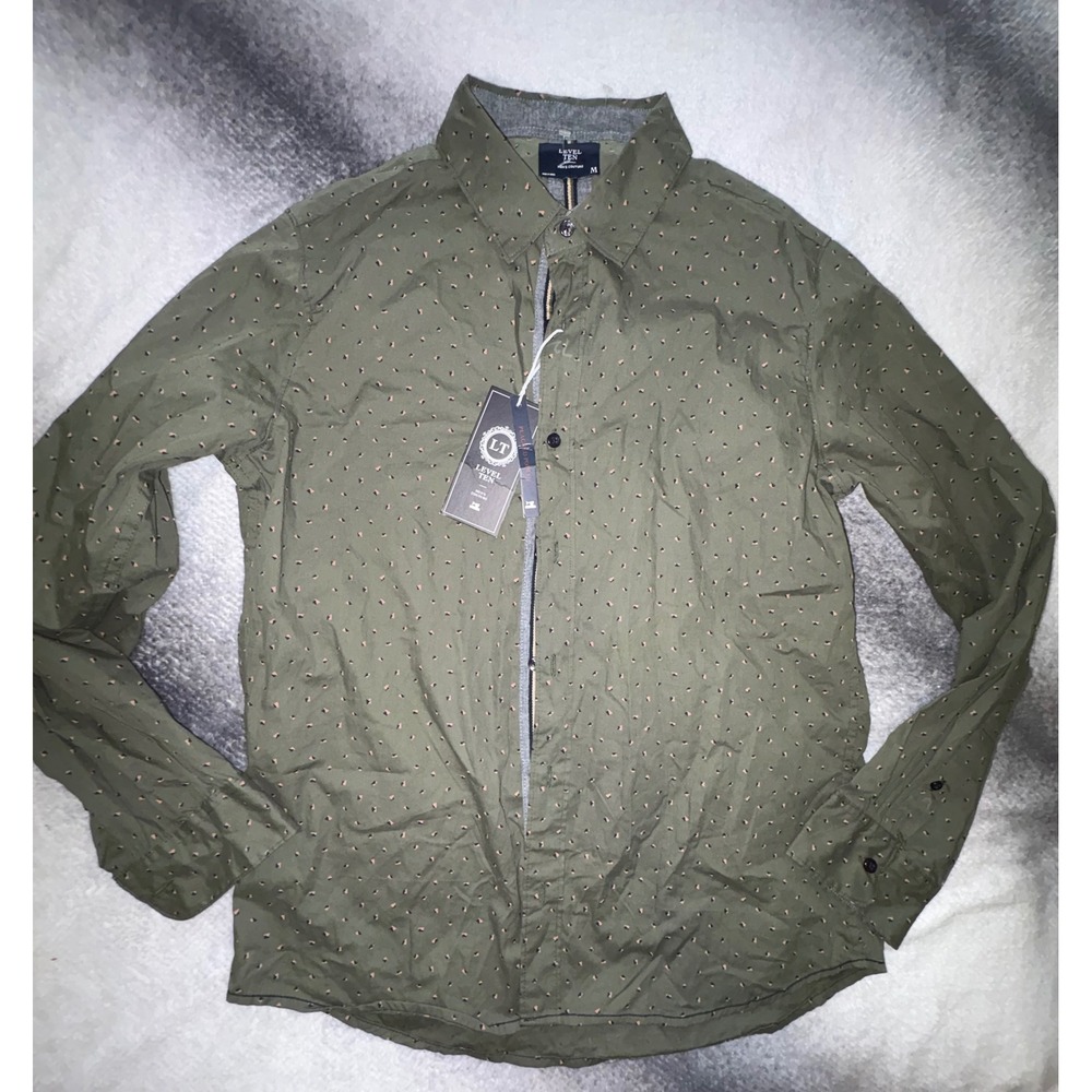 (B5) Level Ten Mens Olive Green Geometric Print Cotton Button Down Shirt‎ M NWT